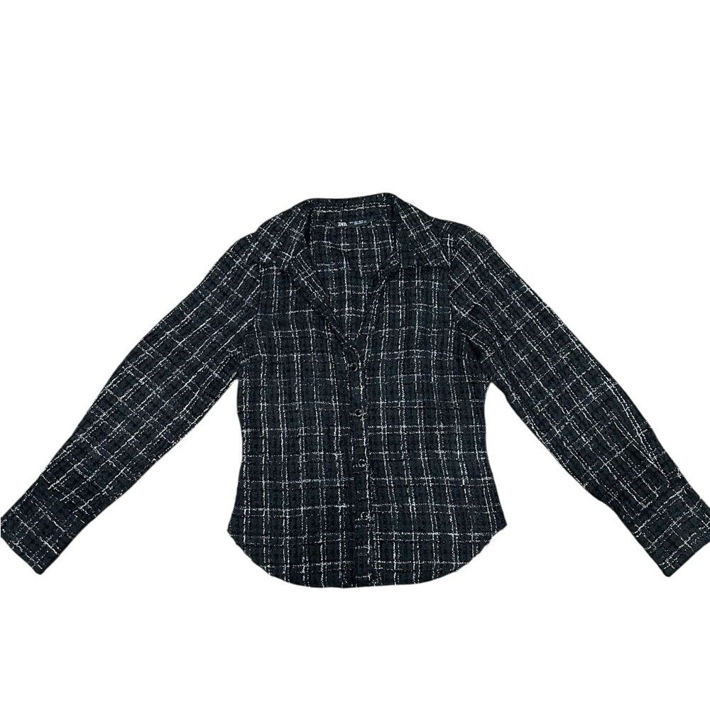 ZARA WOMEN FITTED STRUCTURED PLAID BALCK/WHITE SHIRT - Picture 2 of 5